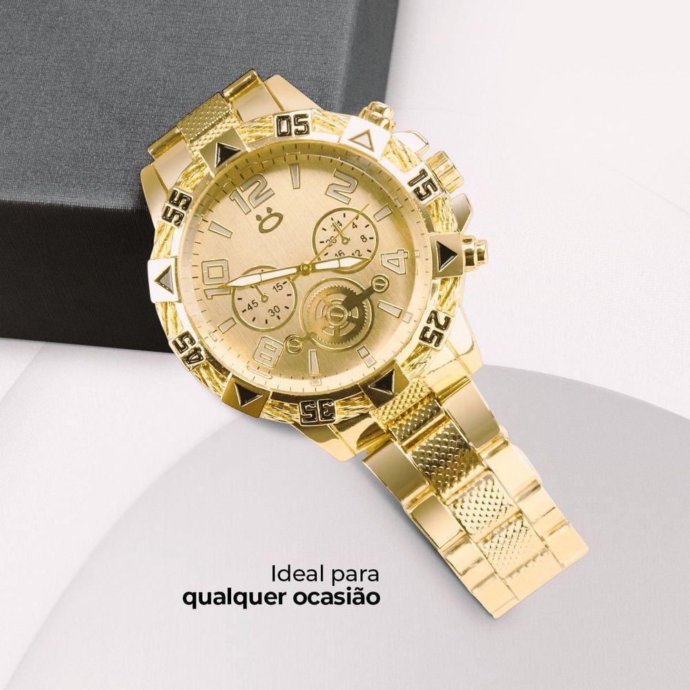 Relogio Banhado Ouro + Caixa + Cordão Cruz + Pulseira Analogico Robusto Social Original Presente - 8