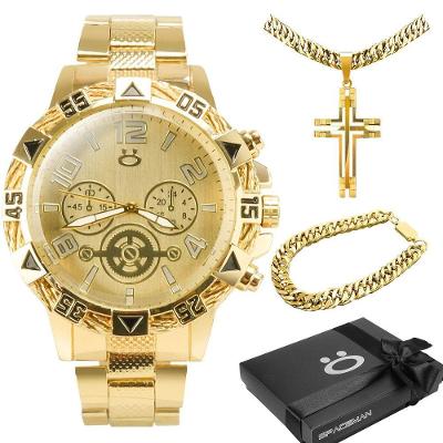 Relogio Banhado Ouro + Caixa + Cordão Cruz + Pulseira Analogico Robusto Social Original Presente