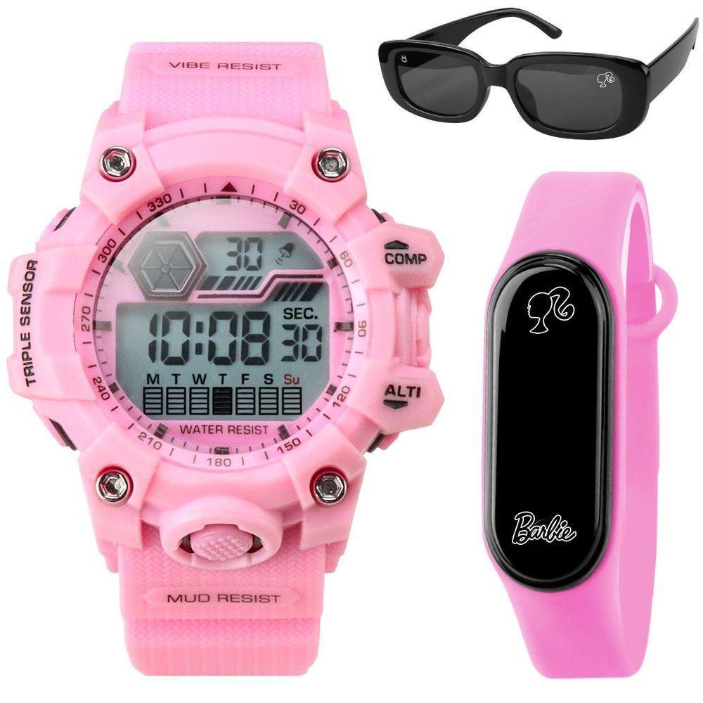 Relogio Digital Prova Dagua Infantil Rosa Led + Oculos Sol Qualidade Premium Data Ajustavel Menina - 1