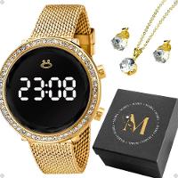Relogio Feminino Aço Digital + Brinco Colar Strass + Caixa Social Presente Silicone Dourado Banhado - 1