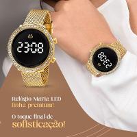 Relogio Feminino Aço Digital + Brinco Colar Strass + Caixa Social Presente Silicone Dourado Banhado - 3