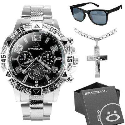 Relogio Aço Inox Prata + Cordão Original Grande Presente Casual Social Garnde Analogico