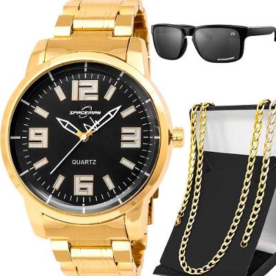 Relogio Masculino Aço Inox Banhado + Cordao + Oculos Sol Qualidade Premium Ponteiro Proteção Uv