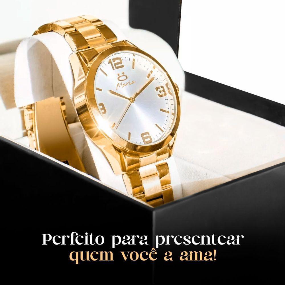 Relogio Aço Inox Banhado Feminino + Colar Brincos + Caixa Casual Strass Original Dourado Presente - 6