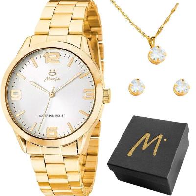 Relogio Aço Inox Banhado Feminino + Colar Brincos + Caixa Casual Strass Original Dourado Presente