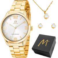 Relogio Aço Inox Banhado Feminino + Colar Brincos + Caixa Casual Strass Original Dourado Presente - 1
