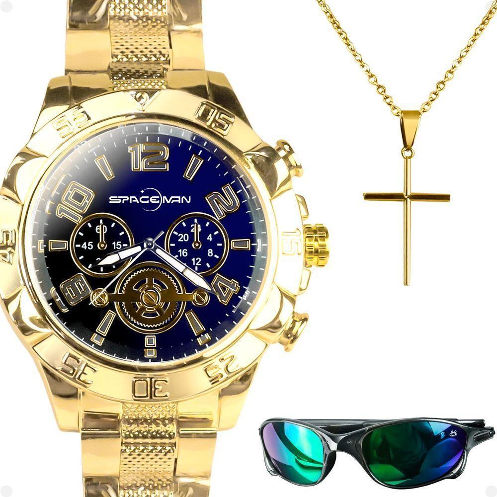 Relogio Masculino Prova Dagua Banhado + Cordao + Oculos Sol Qualidade Premium Casual Religioso Azul - 1