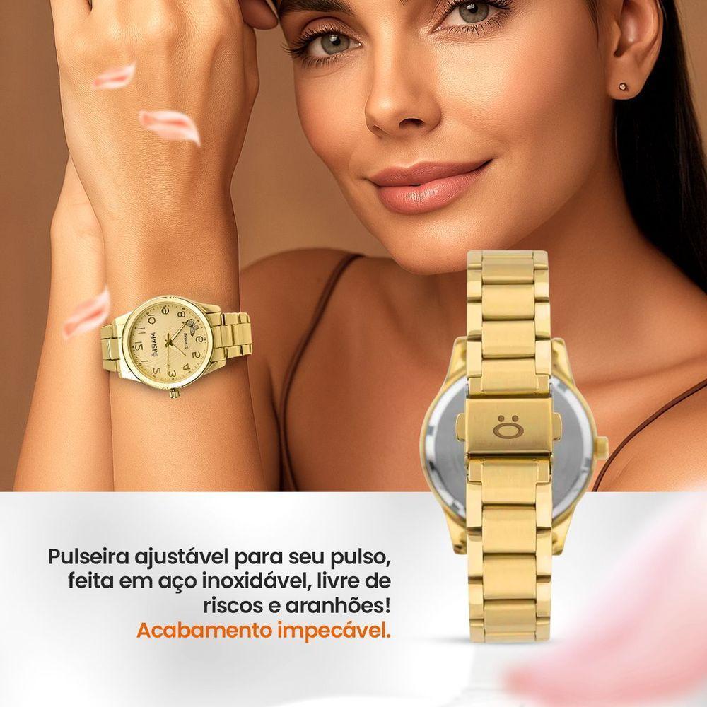 Relogio Feminino Aço Inox Banhado + Pulseira + Brincos Colar Garantia Qualidade Premium Casual - 2