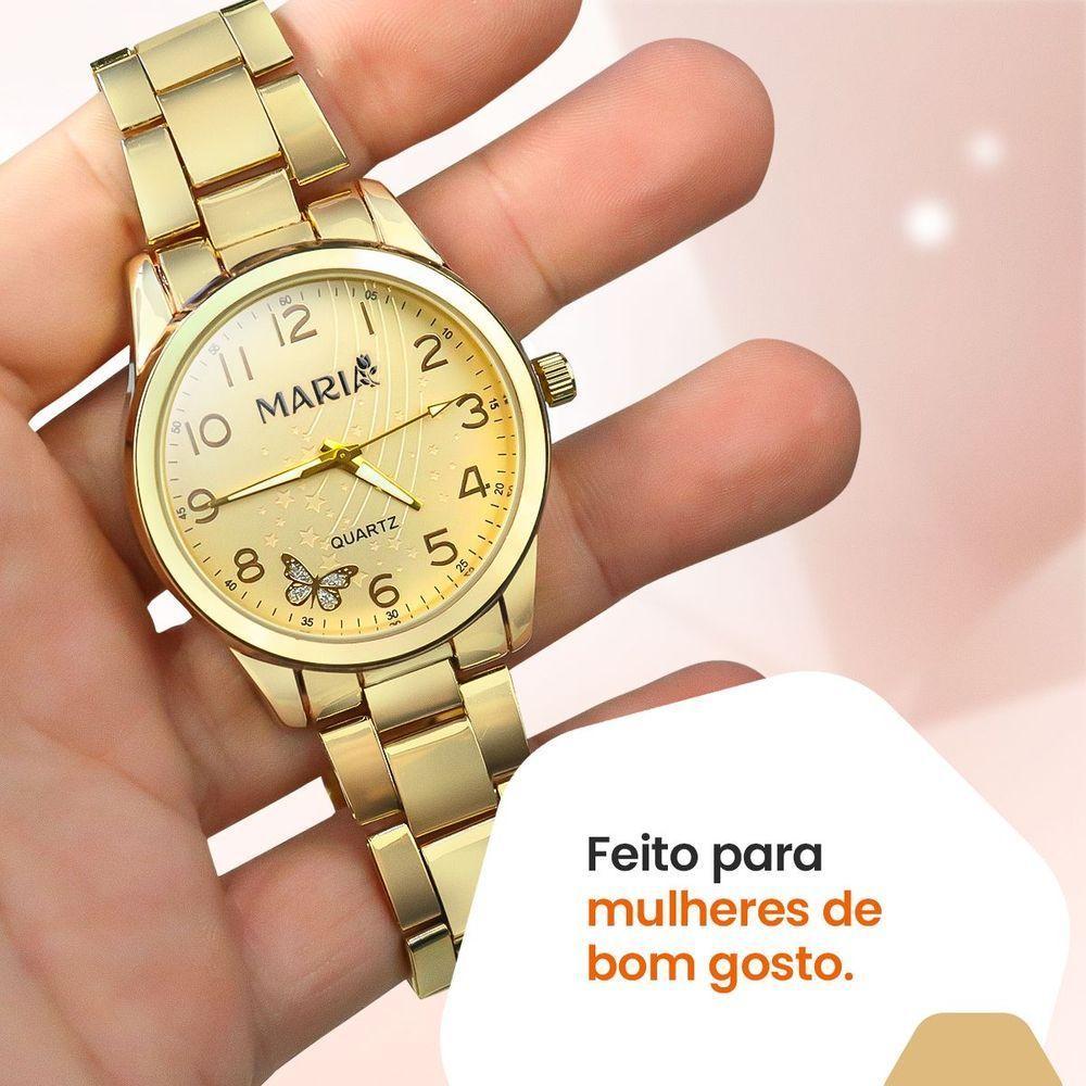 Relogio Feminino Aço Inox Banhado + Pulseira + Brincos Colar Garantia Qualidade Premium Casual - 4