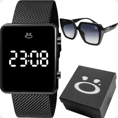 Relogio Digital Feminino Preto Aço Inox + Caixa + Oculos Sol Qualidade Premium Led Perola Academia