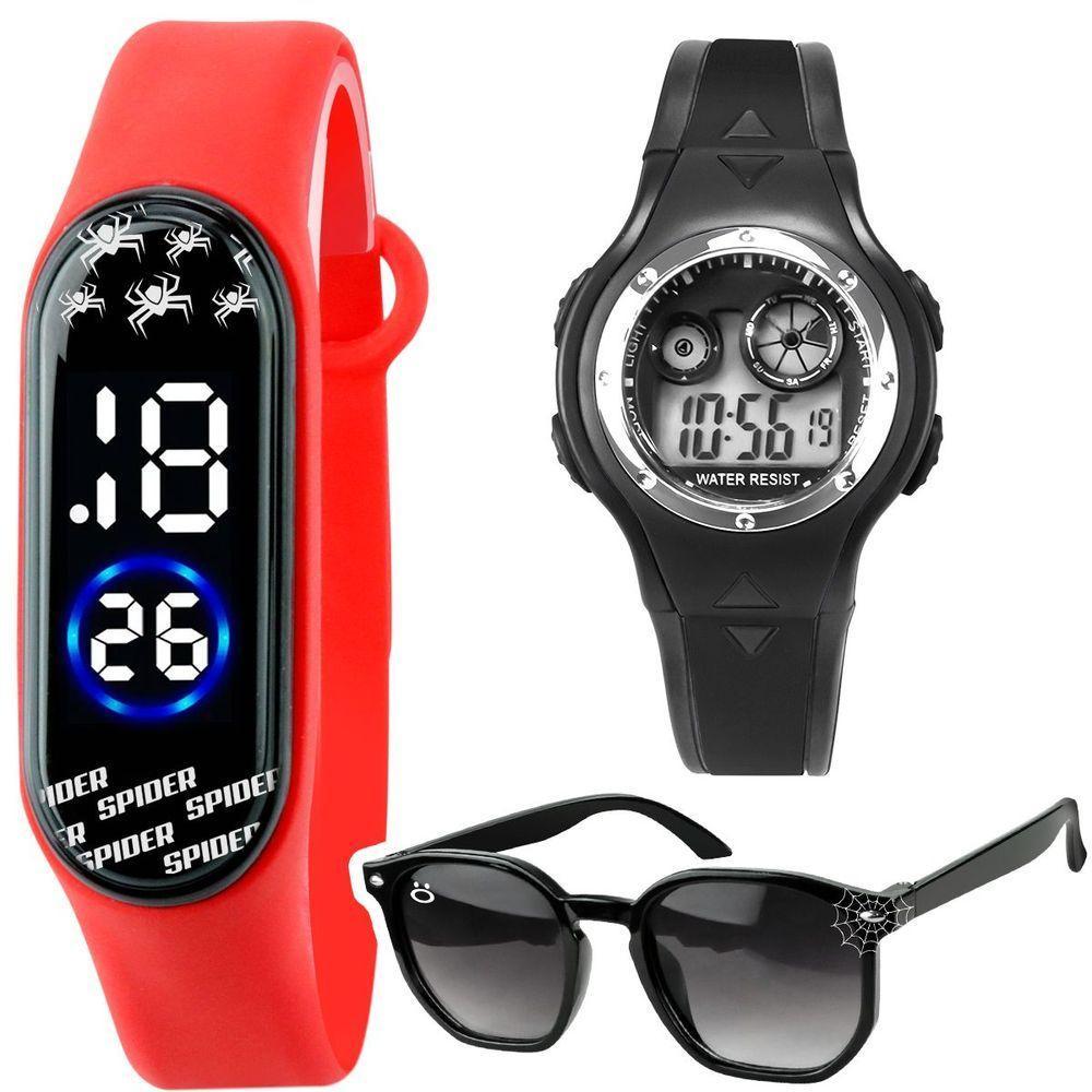 Relogio Digital Preto Homemaranha + Oculos Sol Protecao Uv Pulseira Ajustavel Vermelho Resistente - 1