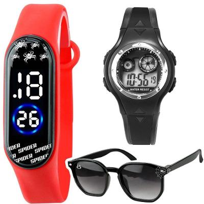 Relogio Digital Preto Homemaranha + Oculos Sol Protecao Uv Pulseira Ajustavel Vermelho Resistente