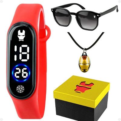 Relogio Digital Iron Man Infantil + Caixa + Oculos + Colar Acetato Original Silicone Menino Criança
