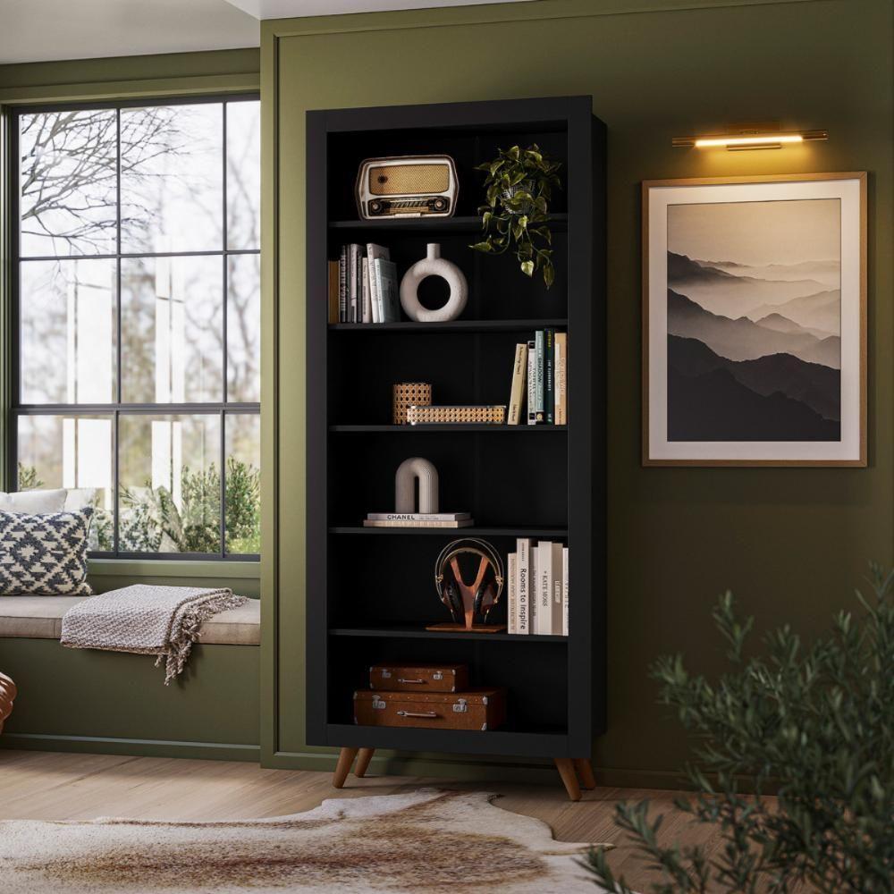Livreiro Bologna Com Prateleiras P/ Livros Preto Fosco - 1