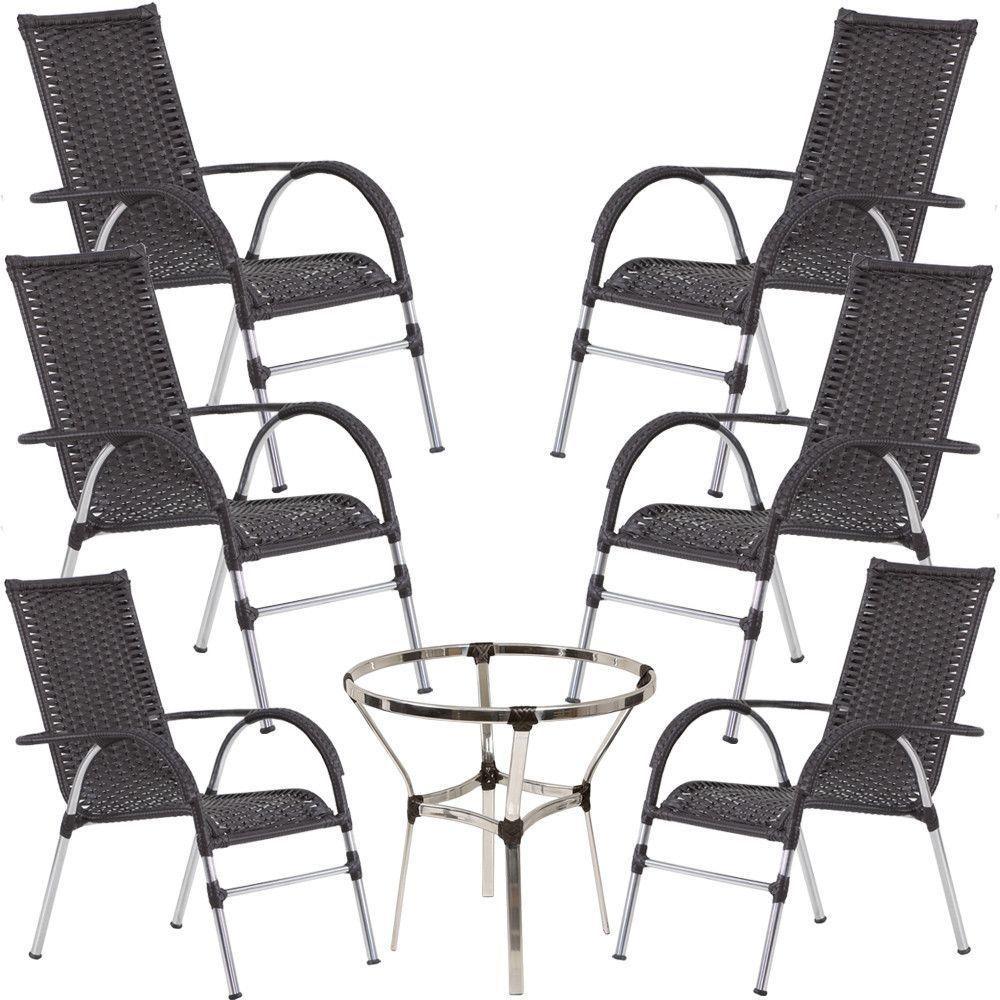 6 Cadeiras Alumínio E Mesa S/tampo Varanda Jardim Piscina Preto - 1