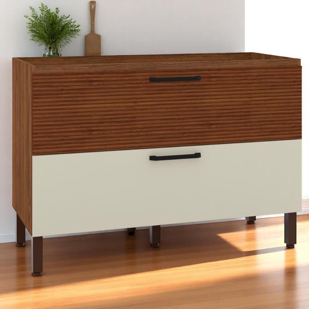 Balcão 1 Basculante C/ Gaveteiro 120 Cm Lapis Nogueira Off White Ripado - 1