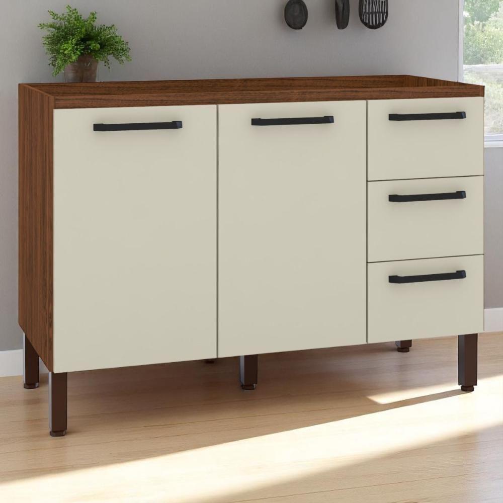 Balcão 2 Portas 3 Gaveteiros 1,20 Lapis Nogueira Off White - 1