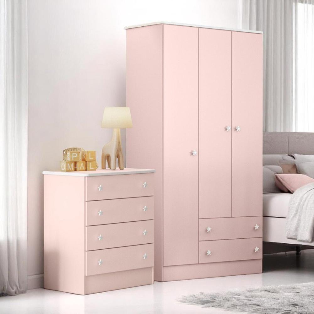 Conjunto Infantil Doce Sonho Rosa Acetinado Cômoda 4 Gavetas Doce Sonho + Guarda-roupa Doce Sonho 3 Portas - 1