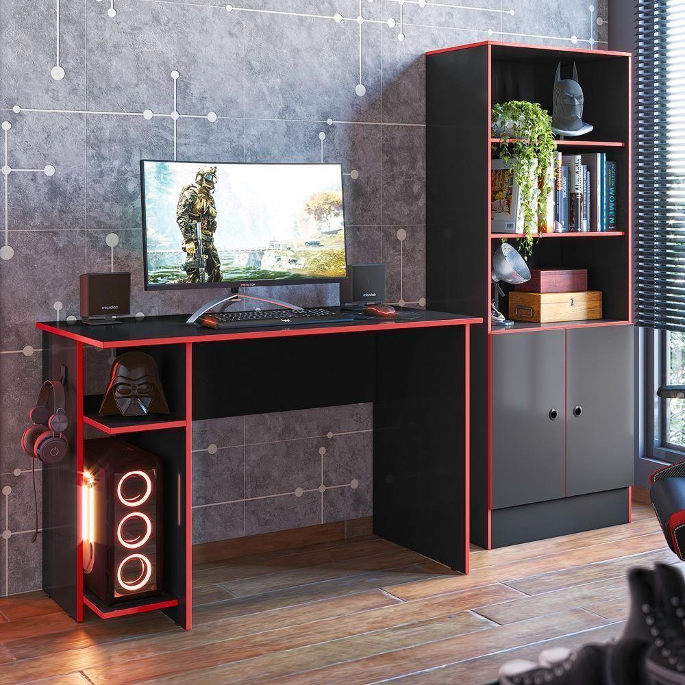 Armario Gamer Preto Fosco/vermelho E Mesa P/ Escritório E Gamer Preto Fosco/vermelho - 1