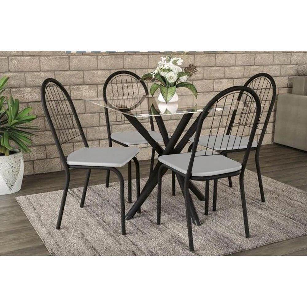 Sala de Jantar Completa Volga c/ Tampo Vidro 95cm + 4 Cadeiras Noruega Preto Fosco/Courano Branco - Kappesberg - 1