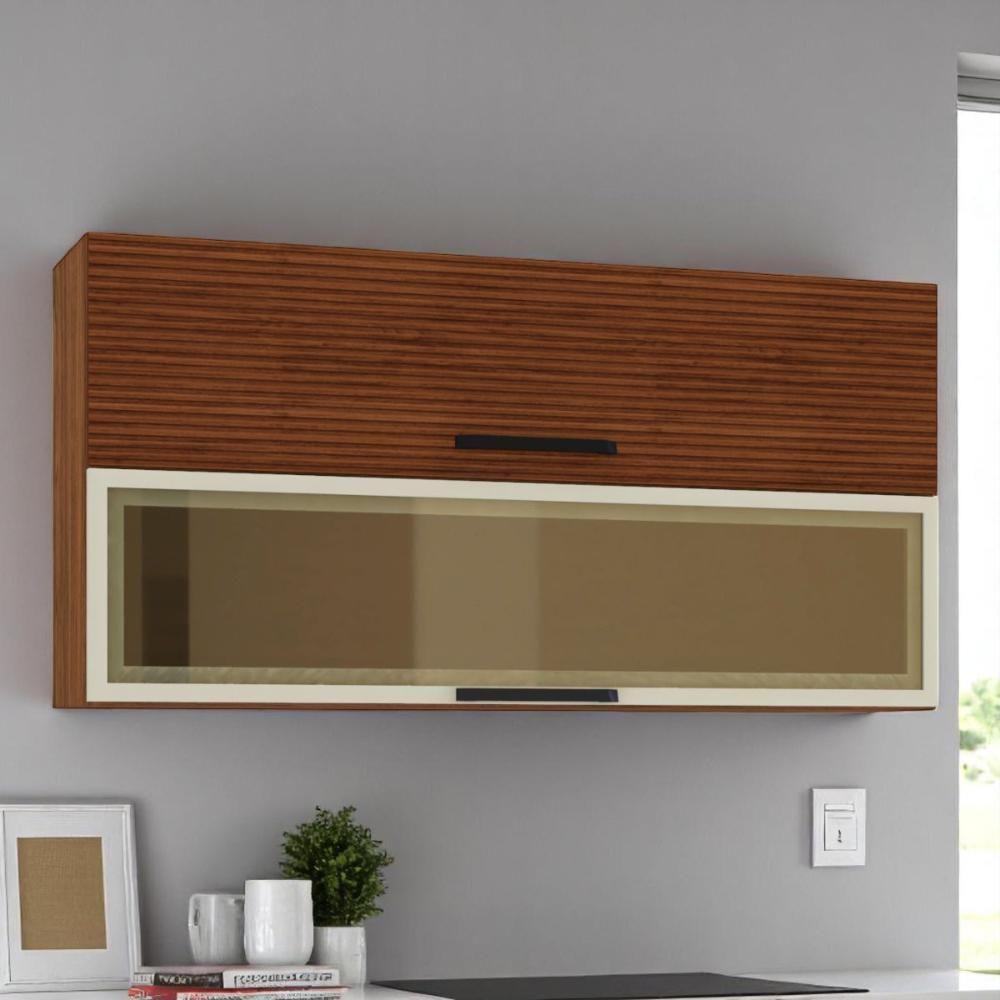 Armário 2 Basculante C/ Vidro 120 Cm Ametista Nogueira Ripado - 1