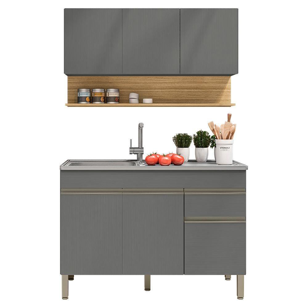 Balcão Para Pia E Armário Aéreo 120 Cm Line Ktp Gris Cp Freijo - 2