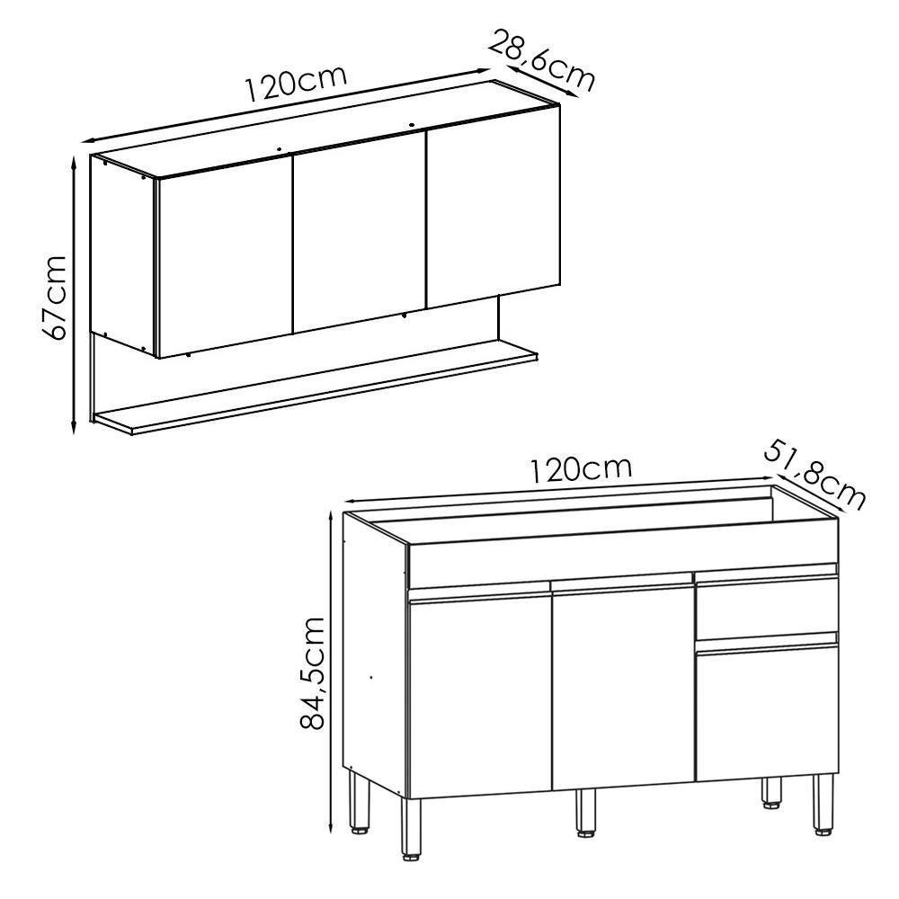 Balcão Para Pia E Armário Aéreo 120 Cm Line Ktp Gris Cp Freijo - 3
