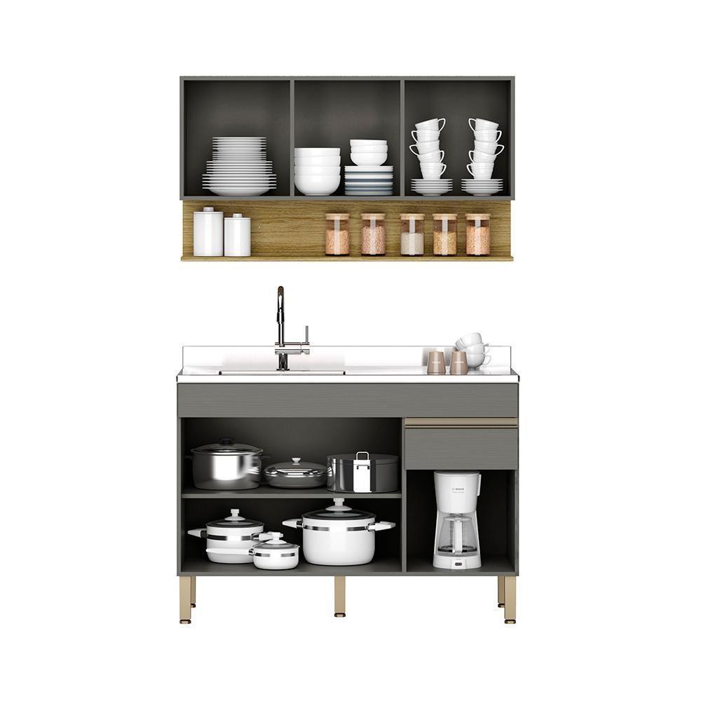 Balcão Para Pia E Armário Aéreo 120 Cm Line Ktp Gris Cp Freijo - 6