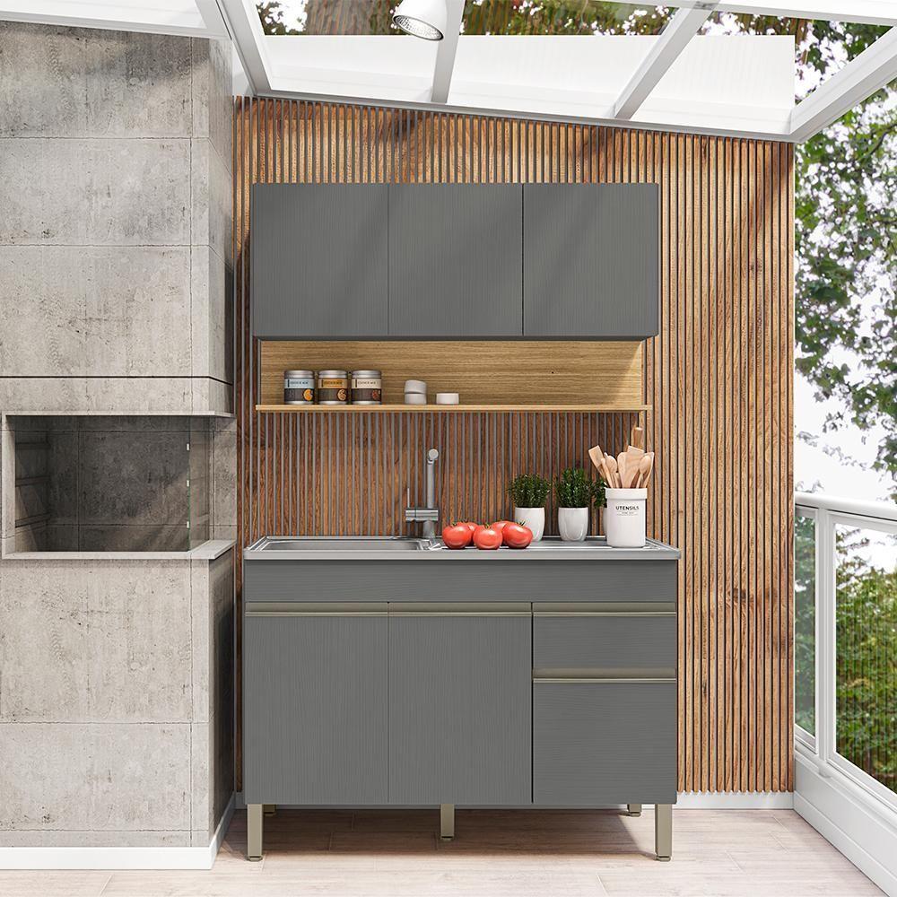 Balcão Para Pia E Armário Aéreo 120 Cm Line Ktp Gris Cp Freijo - 7