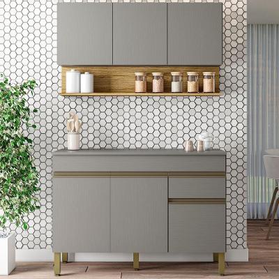 Balcão Com Tampo E Armário Aéreo 120 Cm Line Gris Ktp Gris Cp Freijo