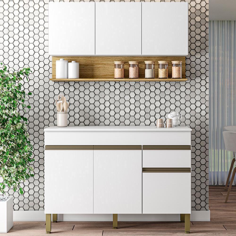 Balcão Com Tampo E Armário Aéreo 120 Cm Line Ktp Supremo Cp Freijo - 1