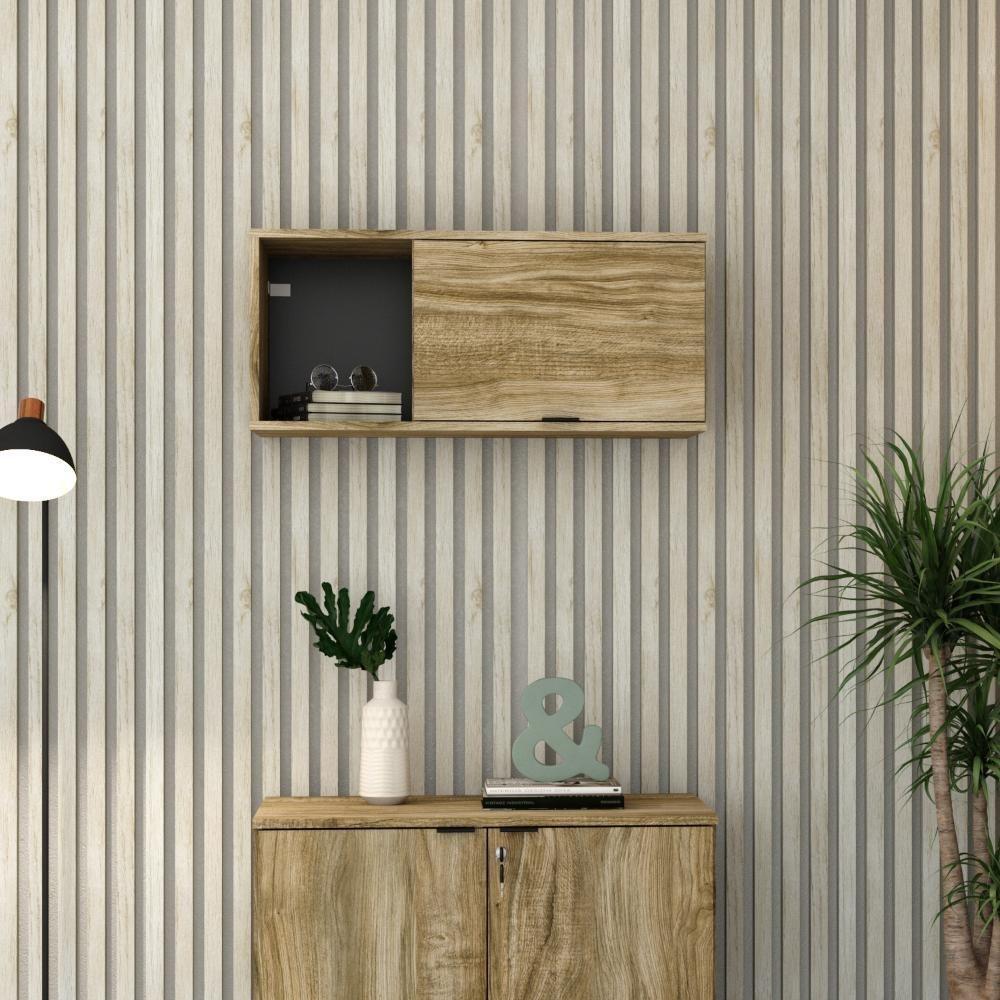 Armário Aéreo Com nicho E Porta Basculante 35x80x35cm Wlnp80 Carvalho - Preto - 4