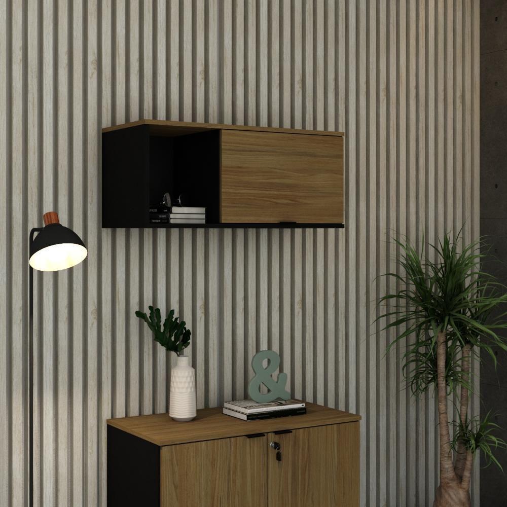 Armário Aéreo Com nicho E Porta Basculante 35x80x35cm Wlnp80 Preto Tx Com vermont Oak - 4