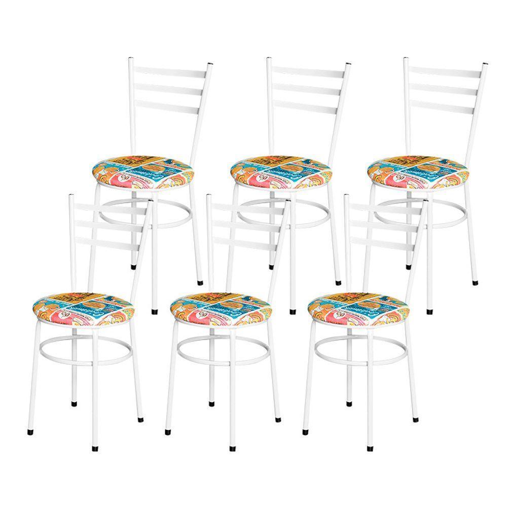 Conjunto 6 Cadeiras Epóxi Branca Para Cozinha Assento Estampado Happy Hour - 6