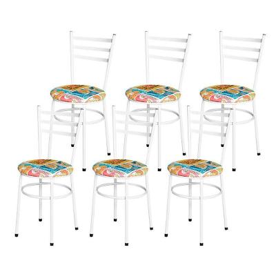 Conjunto 6 Cadeiras Epóxi Branca Para Cozinha Assento Estampado Happy Hour