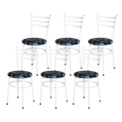 Conjunto 6 Cadeiras Epóxi Branca Para Cozinha Assento Estampado Floral Preto