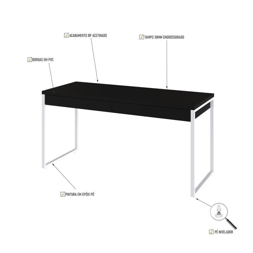 Mesa Diretor 150x60x75cm Com 2 Gavetas Kuadra Preto Ônix Estrutura Branca - 4