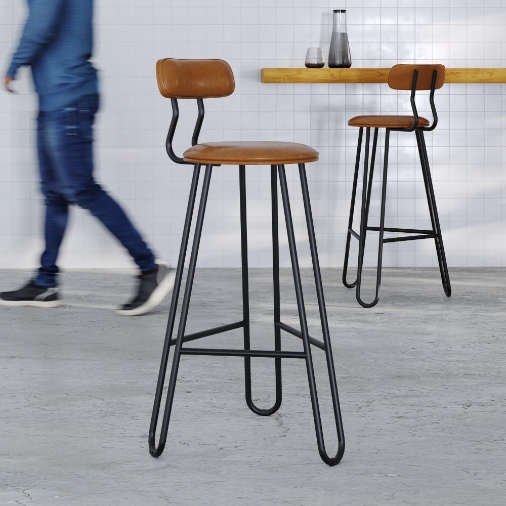 Conjunto 2 Banquetas Alta Ginger Com Encosto Courino Caramelo - 1