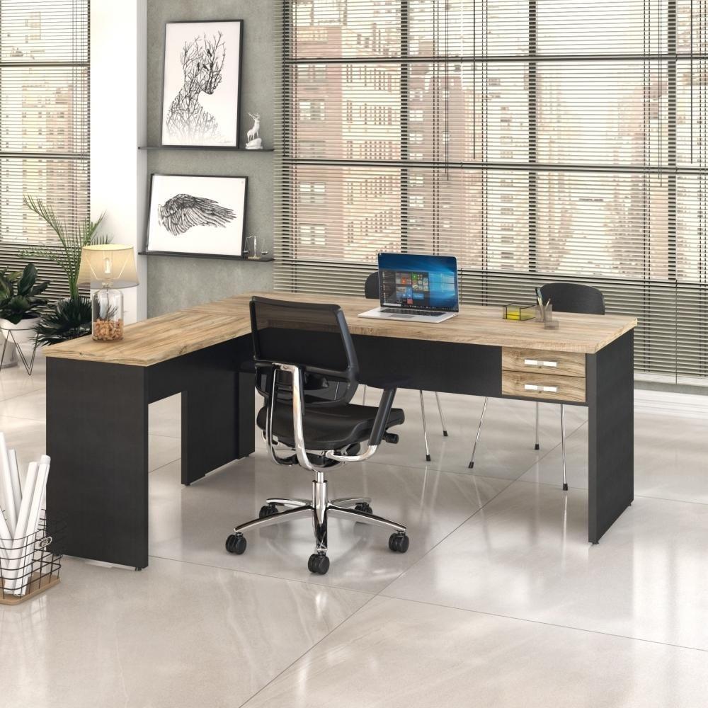 Mesa Para Escritório Em L 1,80x1,60m Tampo E Pés 30mm Com Gaveta Carvalho Compreto Ônix - 1
