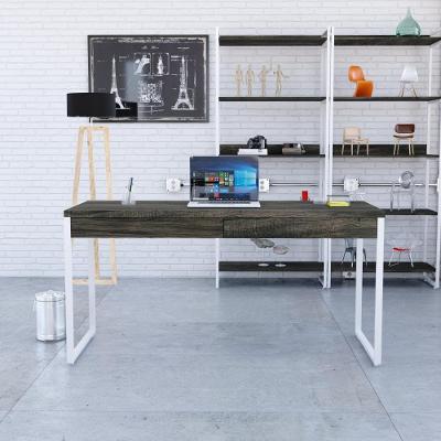 Mesa Diretor 150x60x75cm Com 2 Gavetas Kuadra Carvalho Dark Estrutura Branca