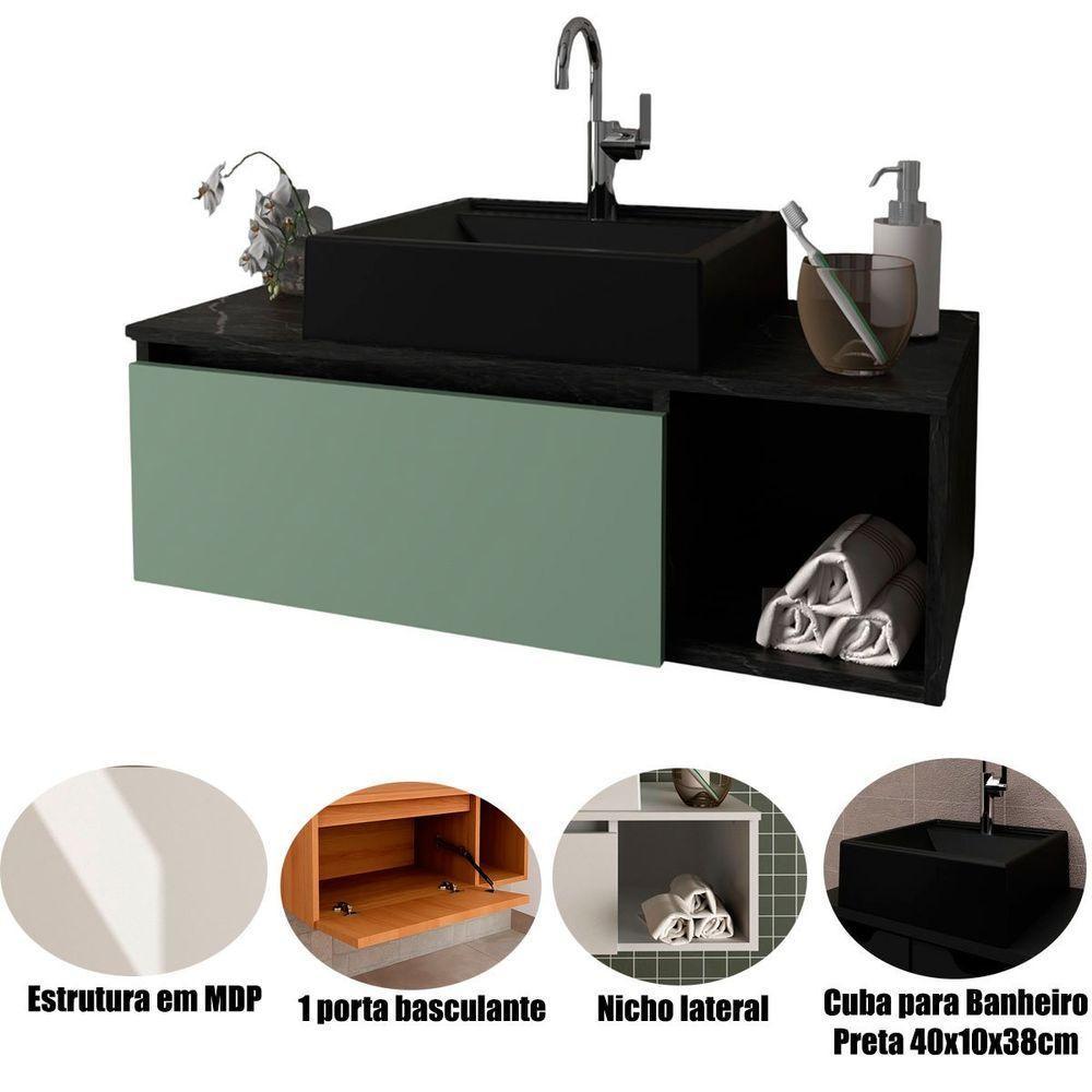 Gabinete De Banheiro 80 Cm Com Cuba 1 Porta E Nicho Mármore Lunar/verde Mar - 2