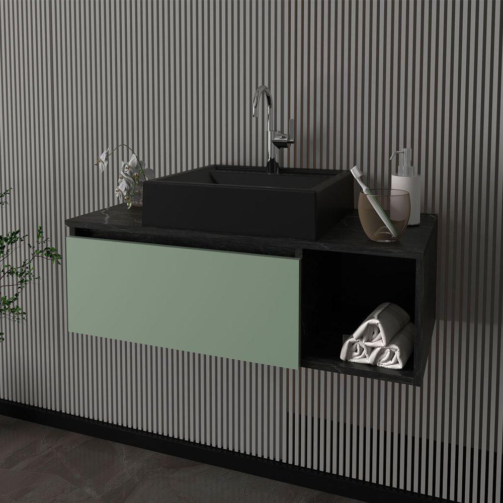 Gabinete De Banheiro 80 Cm Com Cuba 1 Porta E Nicho Mármore Lunar/verde Mar - 8