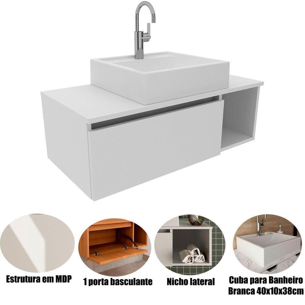 Gabinete De Banheiro 80 Cm Com Cuba 1 Porta E Nicho Branco - 2