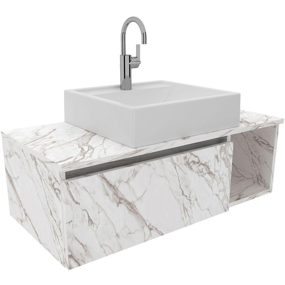 Gabinete De Banheiro 80 Cm Com Cuba 1 Porta E Nicho Mármore Branco - 1