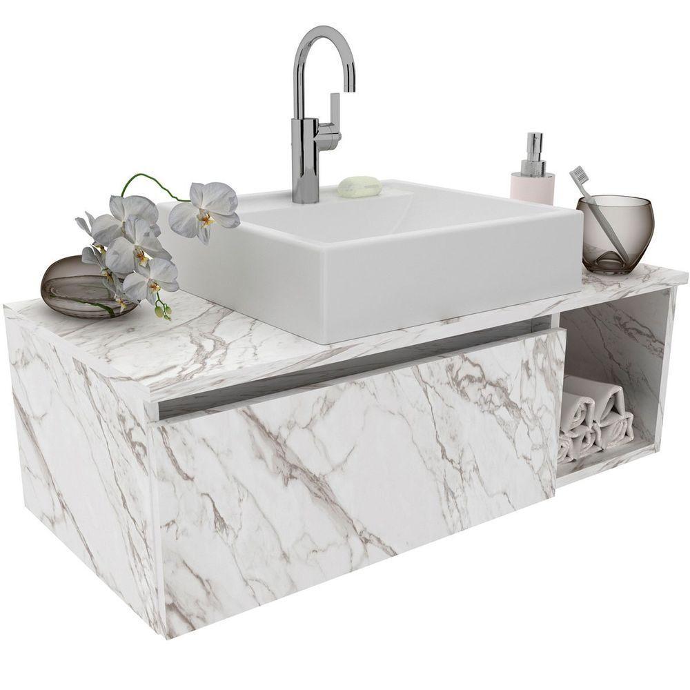 Gabinete De Banheiro 80 Cm Com Cuba 1 Porta E Nicho Mármore Branco - 6