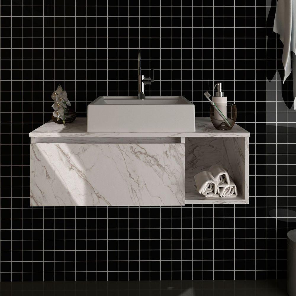 Gabinete De Banheiro 80 Cm Com Cuba 1 Porta E Nicho Mármore Branco - 8
