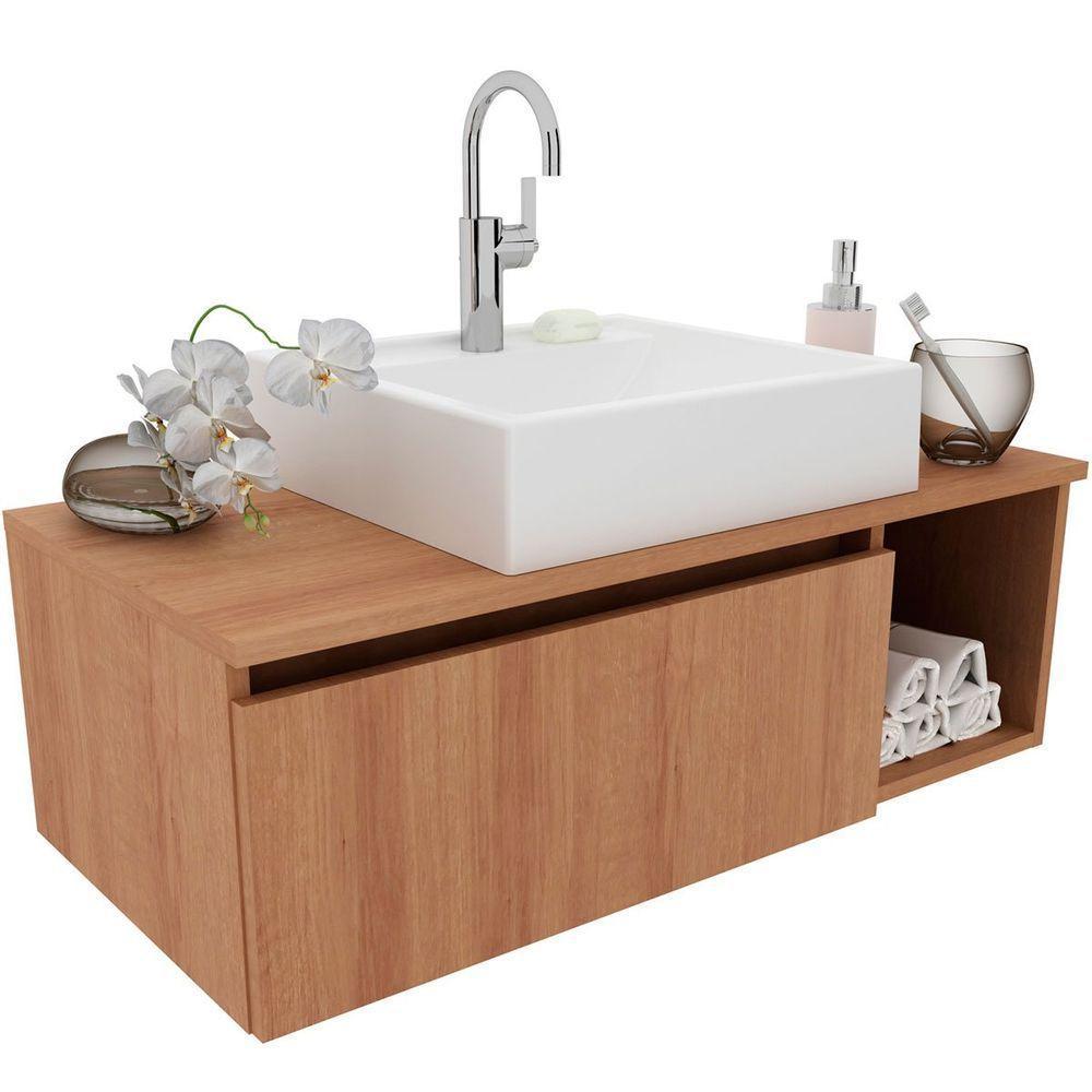 Gabinete De Banheiro 80 Cm Com Cuba 1 Porta E Nicho Amêndoa - 6