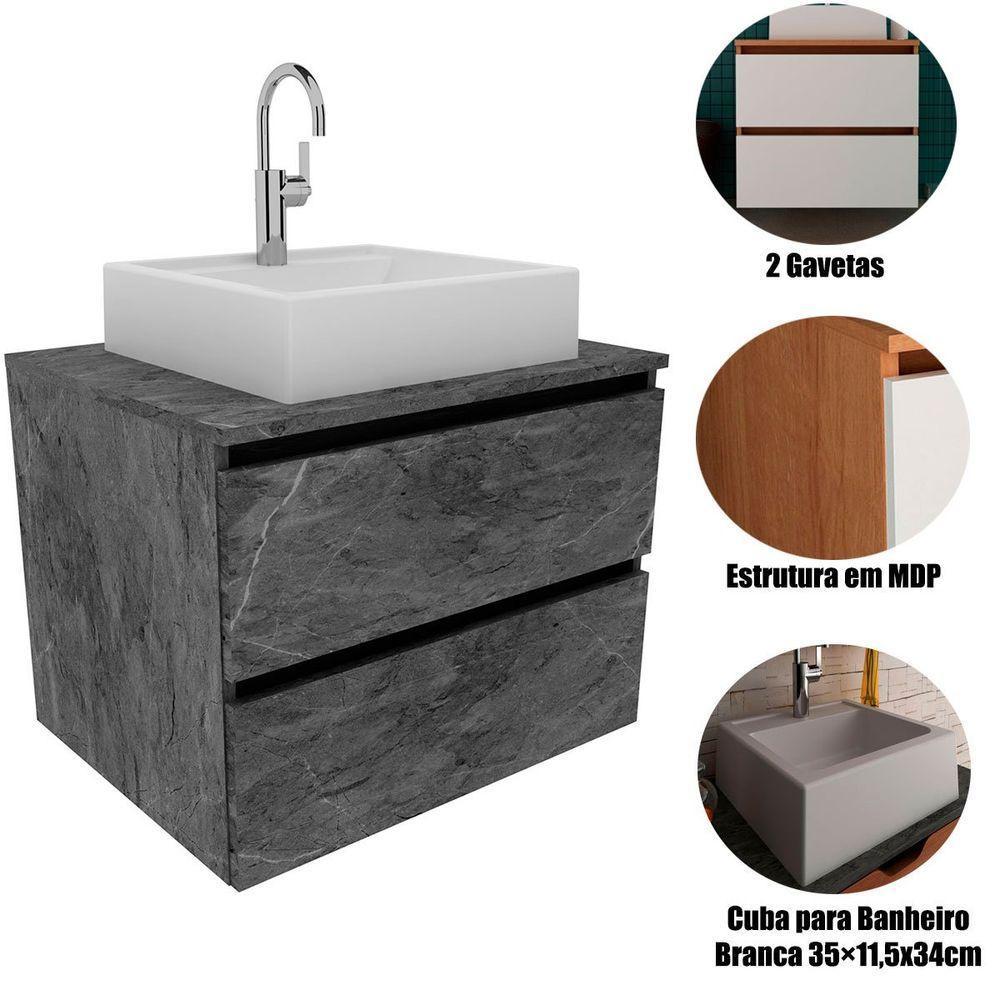 Gabinete De Banheiro 60 Cm 2 Gavetas Com Cuba Joana Mármore Lunar - 2