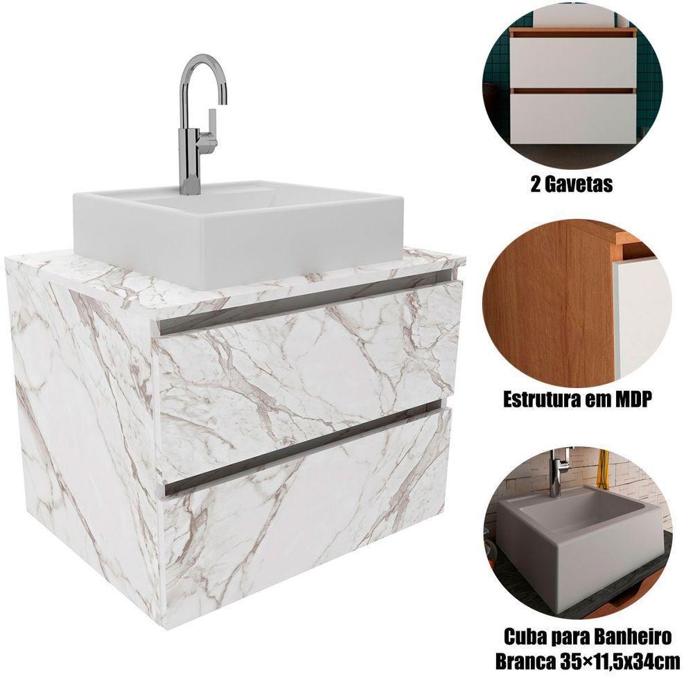 Gabinete De Banheiro 60 Cm 2 Gavetas Com Cuba Joana Mármore Branco - 2