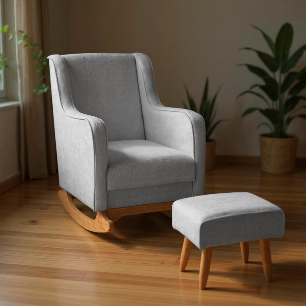 Poltrona Amamentação Base Balanço E Puff Vick Bouclê Cinza F03 - Mpozenato - 5